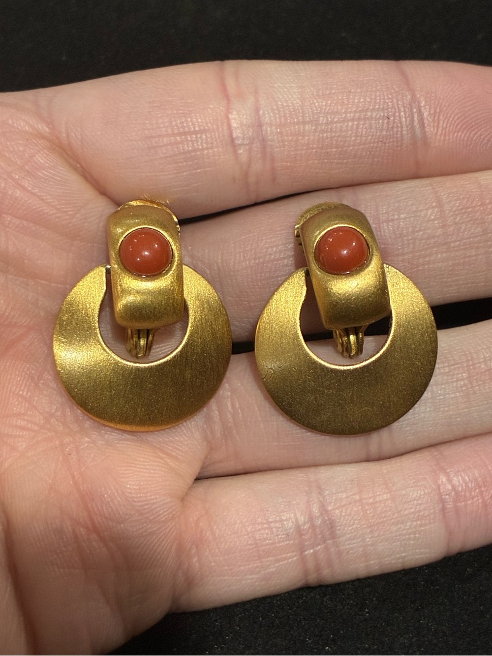 Vintage Monet Gold Tone Orange Cabochon Hoop Earrings